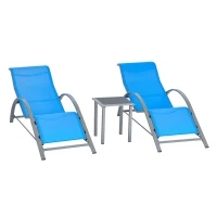 Outsunny 3 Pieces Patio Pool Lounge Chairs Set, Outdoor Chaise lounge with 2 S-Shaped Sunbathing Chairs and a Glass Top Table, for Yard Garden, Blue(m-2)