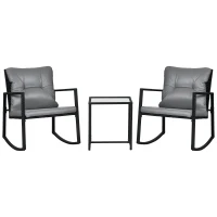 Outsunny 3 Pieces Rocking Bistro Set, Outdoor Wicker Patio Furniture with Glass Coffee Table and Outside Rocking Chairs for Porch, Lawn, Conversation Sets with Thick Cushions, Gray(m-2)