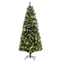 HOMCOM 6' Decorated Christmas Trees, Skinny Prelit Artificial Christmas Tree with Snow-dipped Branches, Auto Open, Pinecones