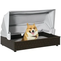 PawHut Rattan Dog Bed, Elevated Pet Sofa, Wicker Cat House, Indoor/Outdoor Use, for Garden Patio with Foldable Canopy, for Small or Medium-Sized Pets, Coffee(m-1)