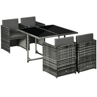 Outsunny 5 Pieces Wicker Patio Dining Set Outdoor Furniture Set with Removable Cushions, Glass Top Dining Table, PE Rattan Conversation Set for Garden Poolside Backyard, Grey(m-2)