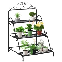 Outsunny Outdoor Plant Stand, 3 Tier Metal Plant Shelf, Stair Style Flower Stand, Plant Display Storage Organizer for Indoor Outdoor Patio Balcony Yard(m-1)