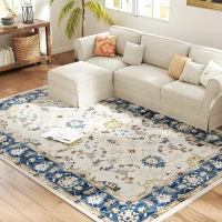 HOMCOM Machine Washable Area Rug 8x10, Non-Slip Boho Floral Print Floor Carpet for Living Room, Bedroom, Dining Room, Blue(m-8)