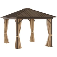 Outsunny 10' x 12' Outdoor Hardtop Gazebo Metal Roof Patio Gazebo with Aluminum Frame, Mesh Nettings, Curtains and Roomy Interior Space, Brown(m-2)