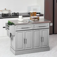 HOMCOM Rolling Kitchen Island Cart with Wheels, Portable Island Table for Kitchen with Stainless Steel Top, Adjustable Shelves, 2 Drawers, Spice, Knife and Towel Rack, Gray(m-10)
