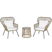 Outsunny 3 Pieces Wicker Patio Furniture Set, Rattan Bistro Set with Coffee Table and Cushions, Outdoor Conversation Set for Garden, Porch, Balcony, Coffee and White(m-2)