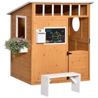 Outsunny Wooden Playhouse for Kids Outdoor with Working Door, Windows, Mailbox, Bench, Flowers Pot Holder, 48" x 42.5" x 53"(m-1)