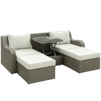 Outsunny 3 Pieces Wicker Patio Furniture Set with Liftable Middle Table, Aluminum Frame Full Assemblied Outdoor Sectional Conversation Sofa Set with 4" Thick Padded Cushions, Beige(m-2)