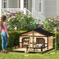 PawHut Dog House Outdoor, Wooden Dog Kennel Weatherproof with Porch, Openable Roof, Removable Bottom, Elevated Floor, Double Room for 2 Small to Medium Breeds, Natural(m-3)
