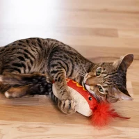 Catstages Hotdog Kicker Toy with Catnip, Dental Mesh, Plush and Feather Cat Toy for Kicking, Tossing, Teeth Cleaning, 2" L x 2" W x 6.5" H, Red(m-1)