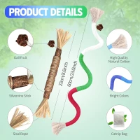 4-Piece Interactive Catnip Toys with Refillable Natural Catnip Bag, Cat Toys Chew Rope and Silvervine Sticks for Teeth Cleaning, Multicolor(m-3)