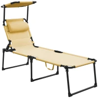 Outsunny Outdoor Lounge Chair, 4 Position Adjustable Backrest, Folding, Cushioned w/ Sun Shade Roof & Pillow, Cream White(m-11)