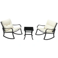 Outsunny 3 Pieces Patio Wicker Rocking Chairs Table Set, Outdoor PE Rattan Furniture with 2 Rockers & 1 Coffee Table w/ Padded Cushions for Deck, Backyard, Garden, Cream White(m-2)