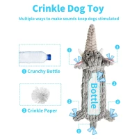 Squeaky Plush No Stuffing Crinkle Dog Toy for All Breed Sizes, Interactive Puppy Teething Water Bottle Chew Toy, 9" L x 1" W x 18" H, Gray(m-6)