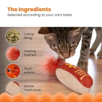 Catstages Hotdog Kicker Toy with Catnip, Dental Mesh, Plush and Feather Cat Toy for Kicking, Tossing, Teeth Cleaning, 2" L x 2" W x 6.5" H, Red(m-7)