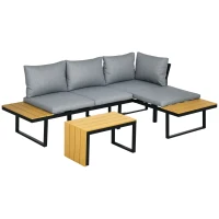 Outsunny 3 Piece Patio Furniture Set with Cushions, Aluminum Frame Outdoor Conversation Sofa Set w/ Two Loveseats and Wood Grain Plastic Top Coffee Table/Side Table, Dark Gray(m-1)