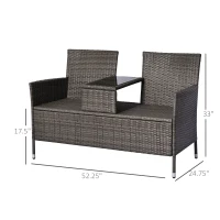Outsunny 2 Seat Rattan Wicker Chair with Cushion Garden Bench with Tea Table Backyard All Weather Padded Seat Grey(m-3)