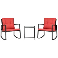 Outsunny 3 Pieces Rocking Bistro Set, Outdoor Wicker Patio Furniture with Glass Coffee Table and Outside Rocking Chairs for Porch, Conversation Sets with Thick Cushions, Red(m-2)