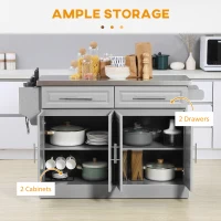 HOMCOM Rolling Kitchen Island Cart with Wheels, Portable Island Table for Kitchen with Stainless Steel Top, Adjustable Shelves, 2 Drawers, Spice, Knife and Towel Rack, Gray(m-4)
