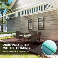 Outsunny 13' x 8' Retractable Awning Manual Patio Awning Sun Shade for Outdoor Window Door with Aluminum Frame Green and White(m-5)