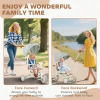 Qaba 7 in 1 Toddler Tricycle w/ Safety Harness, Adjustable & Removable Parent Handle, Canopy, Storage Bag, Brake, Cream White(m-6)