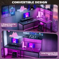 HOMCOM 61.6" L Shaped Gaming Desk with Power Outlets & LED Lights, Computer Desk with Monitor Stand and CPU Shelf, Black(m-6)