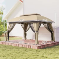 Outsunny 10' x 13' Patio Gazebo, Outdoor Gazebo Canopy Shelter with Netting, Vented Roof for Garden, Beige(m-3)
