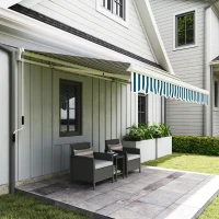 Outsunny 13' x 8' Retractable Awning Manual Patio Awning Sun Shade for Outdoor Window Door with Aluminum Frame Green and White(m-9)