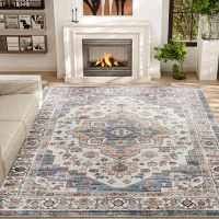 HOMCOM 8x10 Area Rug, Vintage Machine Washable Rug, Non-Slip Carpet for Living Room, Bedroom, Dining Room, Brown & Light Blue(m-11)