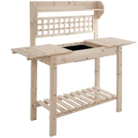 Outsunny Outdoor Potting Bench Table, Wooden Workstation with Sliding Tabletop, Storage Shelf and Dry Sink, for Greenhouse, Garden, Patio, Natural(m-1)