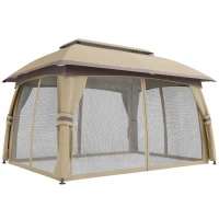 Outsunny 10' x 13' Patio Gazebo, Outdoor Gazebo Canopy Shelter with Netting, Vented Roof for Garden, Beige(m-1)