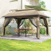 Outsunny 10' x 13' Patio Gazebo, Outdoor Gazebo Canopy Shelter with Netting, Vented Roof for Garden, Beige(m-9)