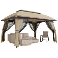 Outsunny 10' x 13' Patio Gazebo, Outdoor Gazebo Canopy Shelter with Netting, Vented Roof for Garden, Beige(m-11)