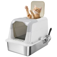PawHut Extra Large Stainless Steel Litter Box, Enclosed Kitty Litter Box for Big Cats with Scoop, Deodorizer Bag(m-11)