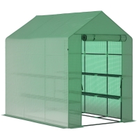 Outsunny 7' x 5' x 6' Walk-in Greenhouse for Outdoors with Mesh Door, 18 Shelf Hot House with Trellis, Plant Labels, UV Protective for Growing Flowers, Herbs, Vegetables, Saplings, Green
