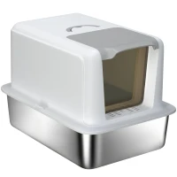PawHut 2 in 1 Stainless Steel Cat Litter Box with Removable Lid, Scoop, Filter Bags, for Small to Large Cats, White(m-1)