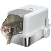 PawHut Stainless Steel Cat Litter Box w/ Removable Lid & Scoop, for Small to Large Cats, Easy to Clean, White(m-11)
