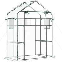 Outsunny Outdoor Walk-in Mini Greenhouse with Mesh Door & Windows, Small Portable Garden Green House with 3 Tiers 6 Shelves, Trellis, & Plant Labels