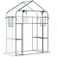 Outsunny Outdoor Walk-in Mini Greenhouse with Mesh Door & Windows, Small Portable Garden Green House with 3 Tiers 6 Shelves, Trellis, & Plant Labels(m-1)