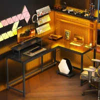 HOMCOM 61.6" L Shaped Gaming Desk with Power Outlets & LED Lights, Computer Desk with Monitor Stand and CPU Shelf, Black(m-10)