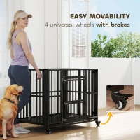 PawHut 43" Heavy Duty Dog Crate, Strong Steel Foldable Large Dog Crate with 4 Lockable Wheels, Double Doors, Openable Top and Removable Trays for Medium and Large Dogs, Black(m-7)