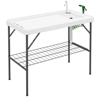 Outsunny Folding Fish Cleaning Table with Sink, Portable Camping Table with Faucet, Drainage Hose, Sprayer and Shelf, White(m-11)