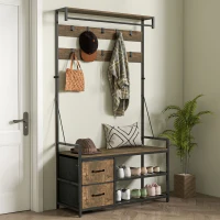 HOMCOM 6-In-1 Hall Tree with Bench and Shoe Storage, Coat Rack Shoe Bench with 10 Hooks, 2 Fabric Drawers, Rustic Brown(m-8)