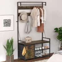 HOMCOM 6-In-1 Hall Tree with Bench and Shoe Storage, Coat Rack Shoe Bench with 10 Hooks, 2 Fabric Drawers, Rustic Brown(m-1)