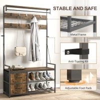 HOMCOM 6-In-1 Hall Tree with Bench and Shoe Storage, Coat Rack Shoe Bench with 10 Hooks, 2 Fabric Drawers, Rustic Brown(m-7)