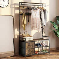 HOMCOM 6-In-1 Hall Tree with Bench and Shoe Storage, Coat Rack Shoe Bench with 10 Hooks, 2 Fabric Drawers, Rustic Brown(m-9)