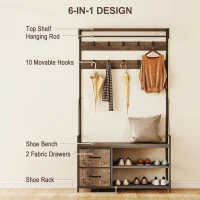 HOMCOM 6-In-1 Hall Tree with Bench and Shoe Storage, Coat Rack Shoe Bench with 10 Hooks, 2 Fabric Drawers, Rustic Brown(m-4)