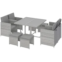 Outsunny 9 Pieces Outdoor Dining Set for 8, Space Saving Wicker Chairs and Square Glass Table with Cushions and Ottomans, Rattan Conversation Patio Furniture Set for Garden, Light Gray/Dark Gray(m-1)
