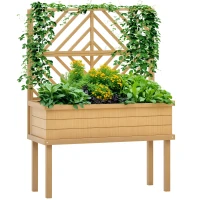 Outsunny Elevated Wood Planter with Trellis for Climbing Plants, Raised Garden Bed with Legs and Drainage Holes, Natural Wood(m-11)