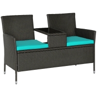 Outsunny Outdoor Patio Loveseat Conversation Furniture Set, Cushions & Built-in Coffee Table, Small 2-in-1 2 Person Seating for Front Porch, Balcony, Blue